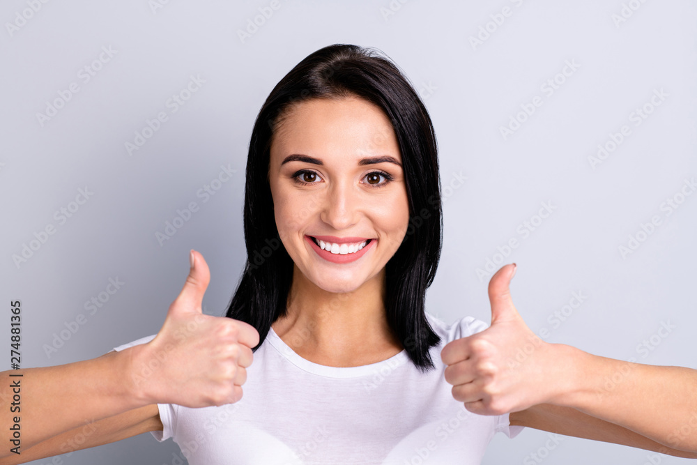Close up photo beautiful amazing she her lady toothy hands arms thumbs raised perfect ideal appearance cheer agreement opinion tested product wear casual white t-shirt isolated bright grey background Close up photo beautiful amazing she her lady toothy hands arms thumbs raised perfect ideal appearance cheer agreement opinion tested product wear casual white t-shirt isolated bright grey background