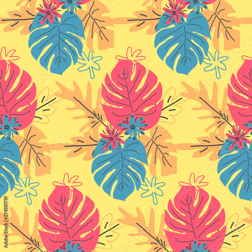 Tropical seamless pattern with green and beige leaves. design. Flat jungle print.