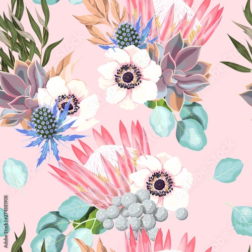 Vector seamless pattern with protea and roses