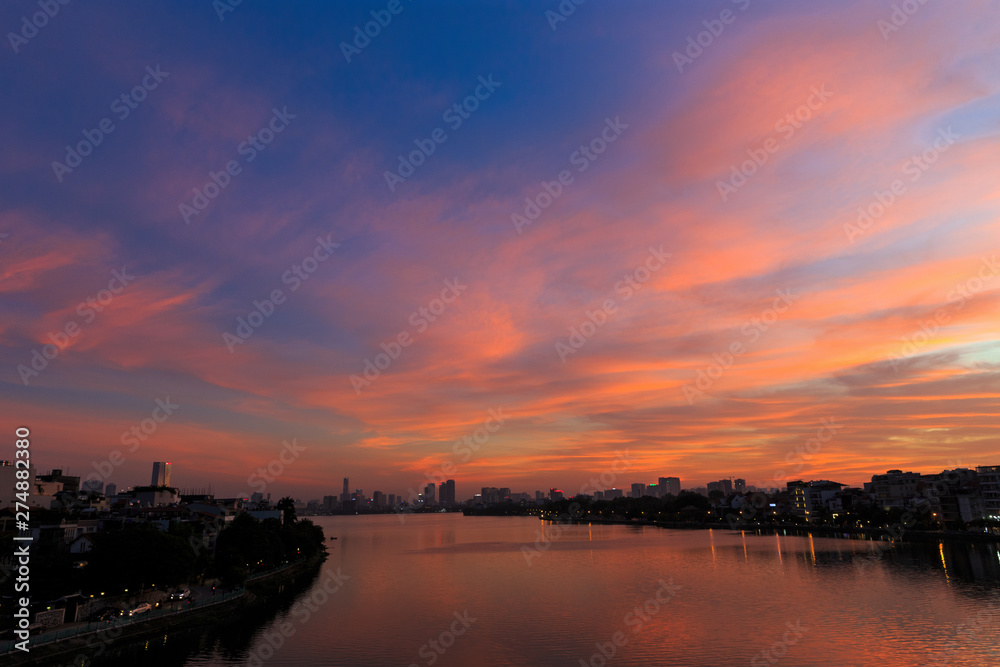 Hanoi West Lake Sunset with Skyline