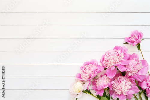 Pink peony flowers on white wooden background. Copy space, top view.