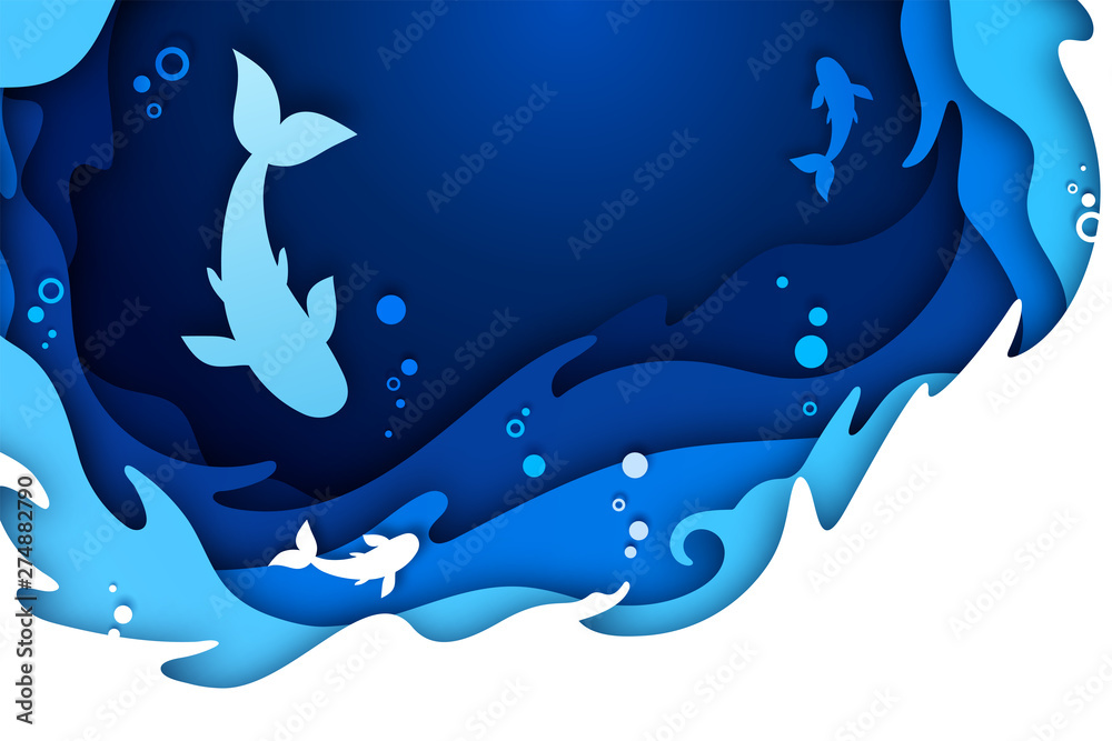 Paper art craft of underwater seascape undersea world and ocean