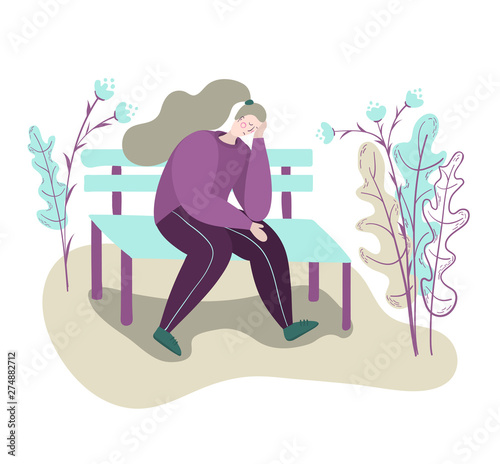 A lonely tired sad woman sits depressed on a bench in a park. Sad thoughtful woman. Isolated flat trendy cartoon modern style Illustration character for web and print