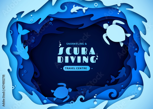 Paper art of scuba diving, snorkeling and marine life concept. Origami of cut out layers cardboard of underwater world and ocean wildlife: reef, sea waves, turtles and fishes. Creative vector poster