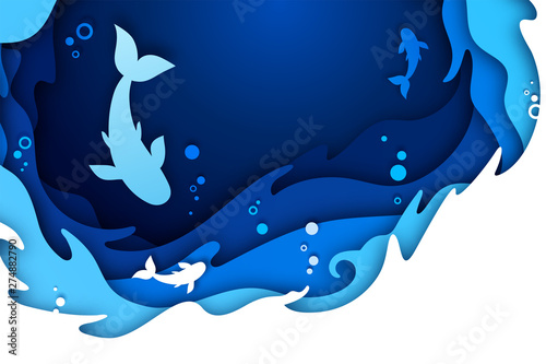 Paper art craft of underwater seascape: undersea world and ocean wildlife: reef, water waves and fishes. Blue origami of cut out layers cardboard with texture. Marine life concept