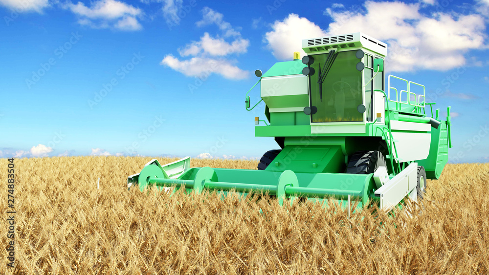 Fototapeta premium modern combine harvester working on a wheat crop 3g render