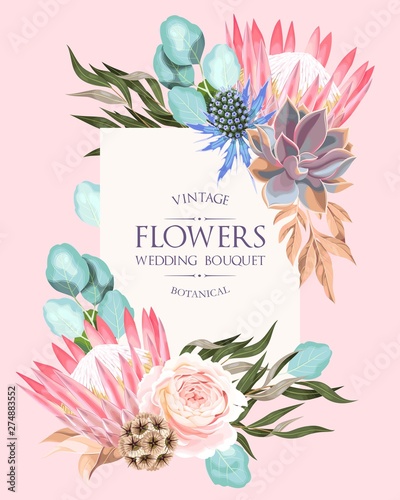 Wedding invitation with protea and other flowers