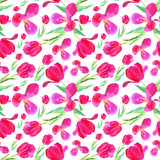 pink tulips with leaves. Seamless pattern. Texture for print, fabric, textile, wallpaper. Hand drawn watercolor illustration on white