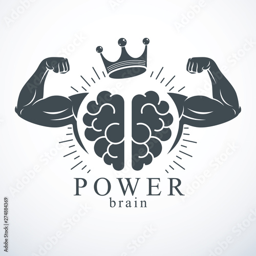 Brain with strong bicep hands of bodybuilder. Power Brain emblem, genius concept.  Brain training, grow IQ, mental health.