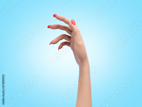 female hand in a static pose holding a sheet or card d render on blue gradient