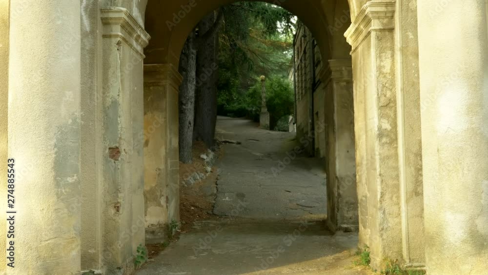 collapsing abandoned palace in the style of Stalin's empire. Destruction of climate erosion collapsing abandoned palace in the style of Stalin's empire. Destruction of climate erosion