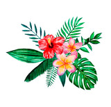 Set of Watercolor hand painted tropical flowers, leaves and plants. Bright jungle exotic bouqoet perfect for summer wedding invitation and party card making