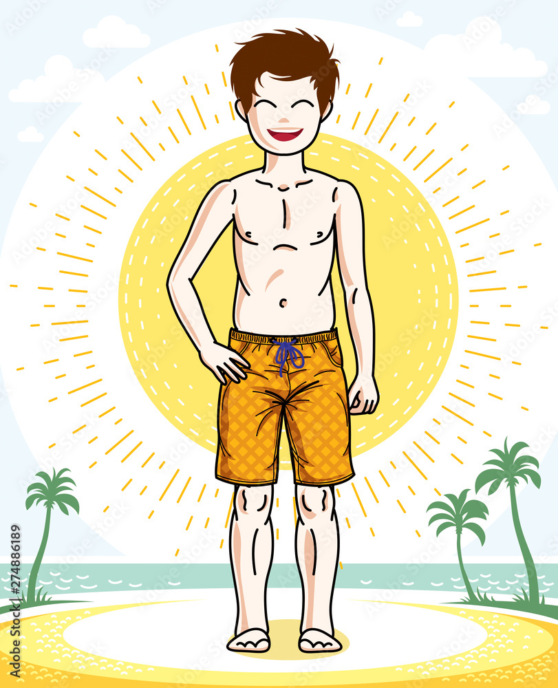 Little boy cute child standing wearing fashionable beach shorts. Vector character. Fashion theme clipart.
