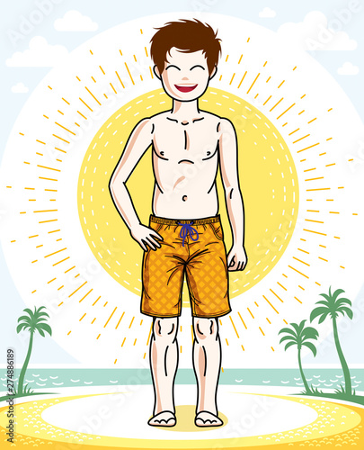 Little boy cute child standing wearing fashionable beach shorts. Vector character. Fashion theme clipart.