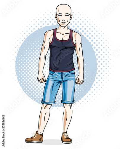 Handsome hairless young man poses on modern background. Vector illustration of male. Lifestyle theme clipart.