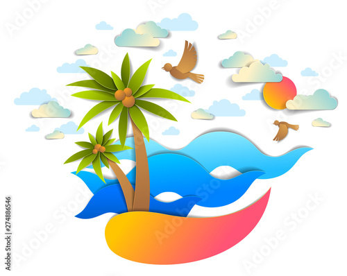 Beach with palms, sea waves perfect seascape, birds clouds and sun in the sky, summer beach holidays theme paper cut style vector illustration. photo