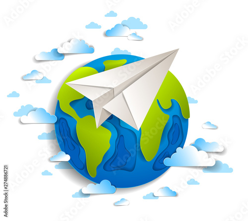 Origami folded toy plane flying around the cartoon paper cut earth with beautiful clouds, vector modern style 3d illustration isolated on white background.