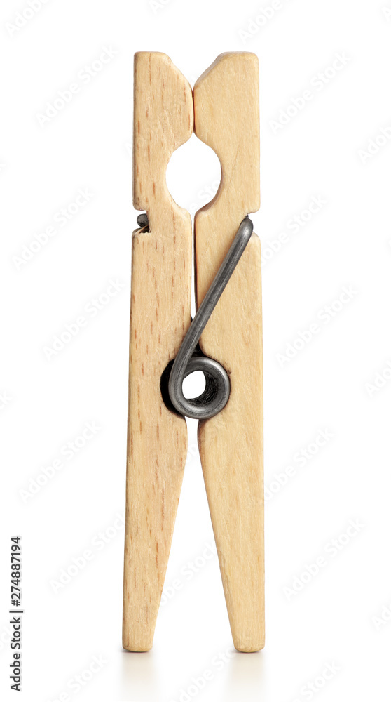 Wooden clothespin for clothes closeup on isolated white background Wooden clothespin for clothes closeup on isolated white background