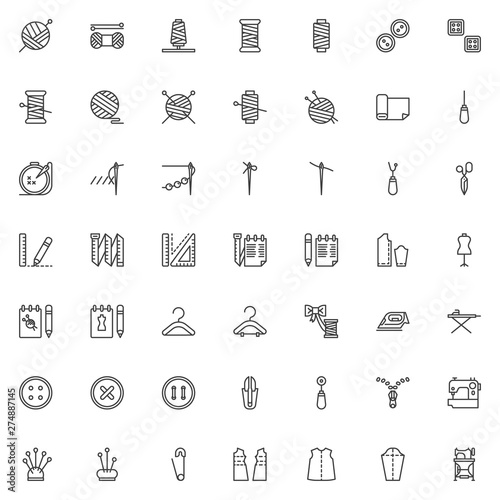 Sewing line icons set. linear style symbols collection, outline signs pack. vector graphics. Set includes icons as Thimble, Electric sewing machine, Pattern fabric, Tailors dummy, Clothing scissors