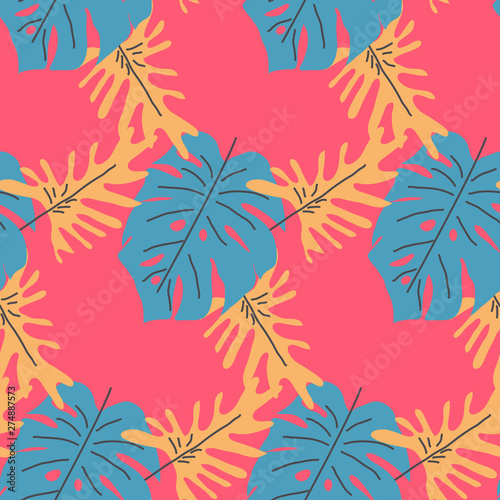 monstera leaves hand drawn seamless pattern. Tropical background.