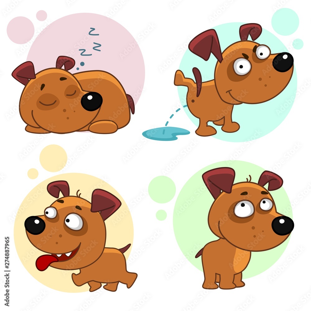 Set of children's illustrations of icons with dogs for design and kids. The dog sleeps with his eyes closed, lying, standing, walking, pissing.