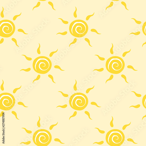 Vector seamless pattern with yellow sun with ether sign. Summer background. Cute colorful wallpaper for yoga club. For textile and fabric, cover, print on clothes.