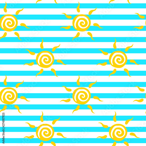Vector seamless pattern with yellow sun with ether sign on striped backdrop. Cute summer background. Cute colorful wallpaper for yoga club. For textile and fabric, cover, print on clothes.