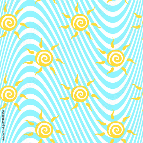 Vector seamless pattern with yellow sun with ether sign on marine backdrop. Cute summer background. Cute colorful wallpaper for textile and fabric, cover, print on clothes.