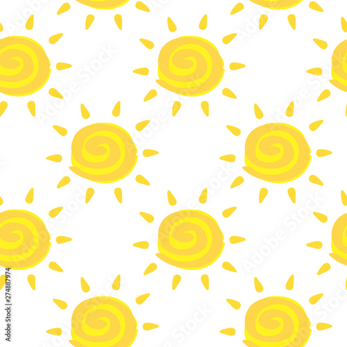Vector seamless pattern with yellow sun with Ayurveda ether sign. Summer background. Cute colorful wallpaper for yoga club. For textile and fabric, cover, print on clothes.