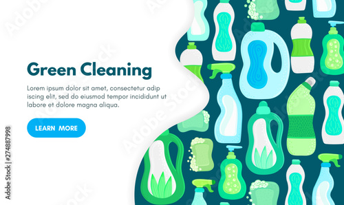 Vector background with eco friendly household cleaning supplies. Natural detergents. Landing page template. Products for house washing. Green home. Online store. Banner, mailing, advertising, label
