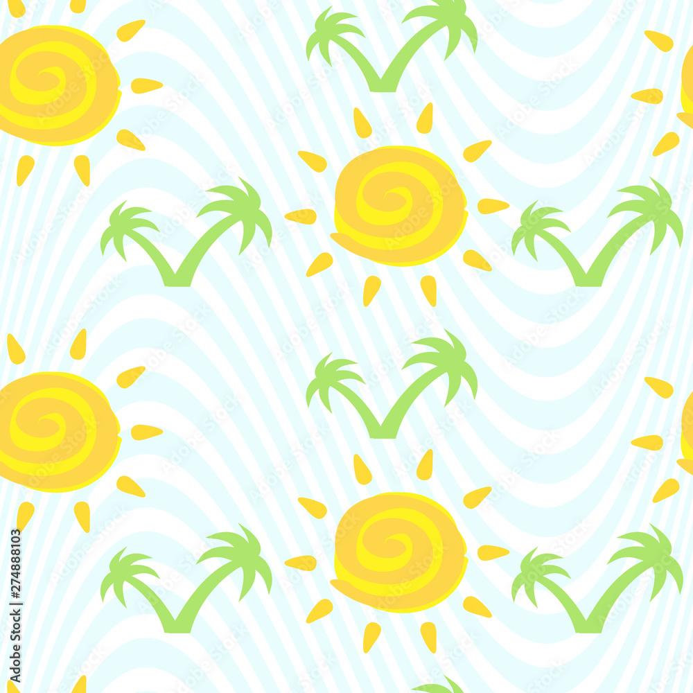 ector seamless pattern with sun with Ayurveda ether sign and palm trees on wavy background. Cute summer wallpaper. For textile and fabric, cover, print on clothes.