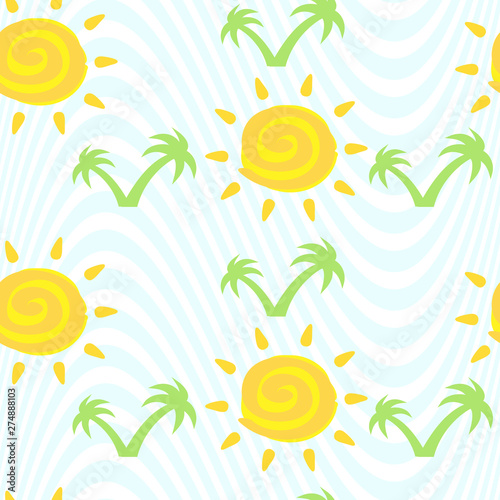 ector seamless pattern with sun with Ayurveda ether sign and palm trees on wavy background. Cute summer wallpaper. For textile and fabric, cover, print on clothes.