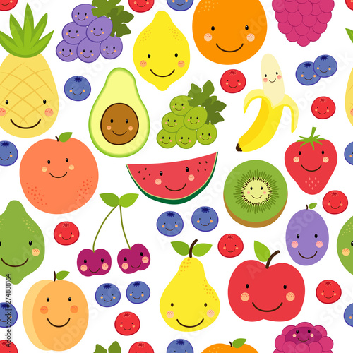 Cute Fruit Paradise seamless pattern background with various fruit characters