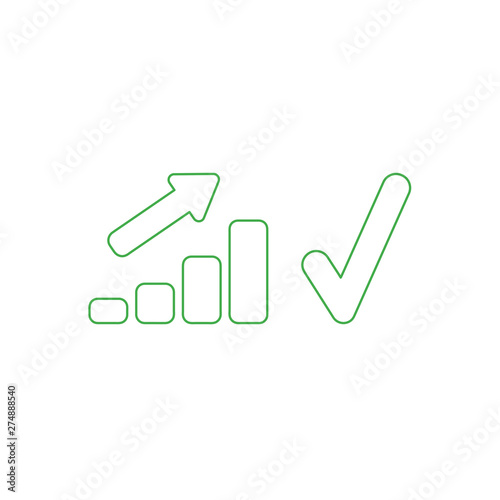 Vector icon concept of sales bar chart moving up with green check mark.