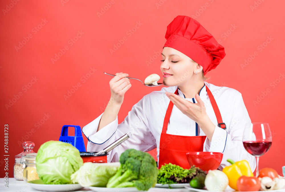 organic eating and vegetarian. Housewife. happy woman cooking healthy food by recipe. restaurant menu. Dieting. professional chef on red background. woman in cook hat. Culinary recipe organic eating and vegetarian. Housewife. happy woman cooking healthy food by recipe. restaurant menu. Dieting. professional chef on red background. woman in cook hat. Culinary recipe