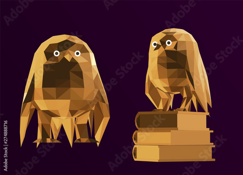 Gold Owl. Shiny Metallic Set of Owls on Purple Background. Low Poly Vector 3D Rendering