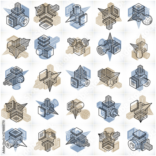 3D designs, set of abstract vector shapes.
