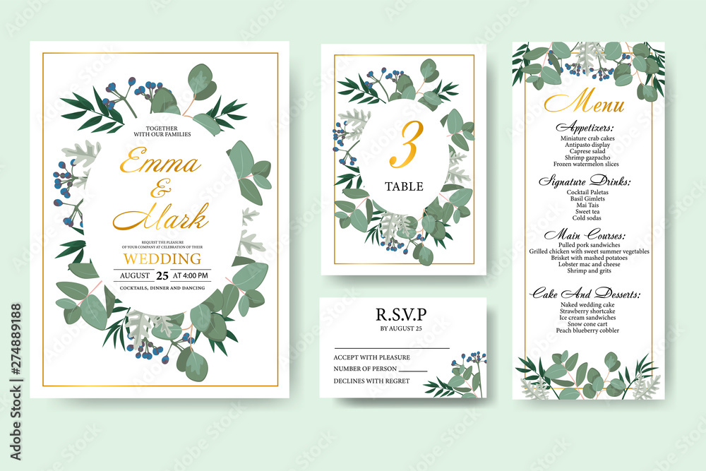 Wedding floral invitation card save the date design with green leaf herbs eucalyptus frame. Botanical elegant decorative vector template