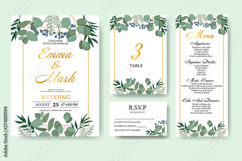 Wedding floral invitation card save the date design with green leaf herbs eucalyptus frame. Botanical elegant decorative vector template