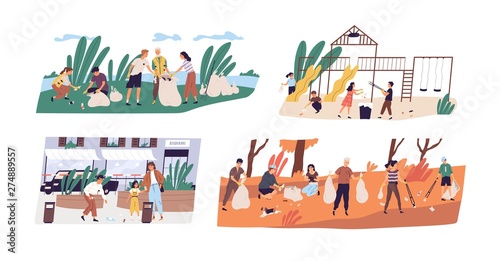 Collection of scenes with people or ecologists collecting garbage in forest, on street and playground. Altruistic activity, environmental protection. Flat cartoon colorful vector illustration.