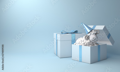 Blue pastel gift box and a sheep on studio lighting background. 3D rendering illustration. photo