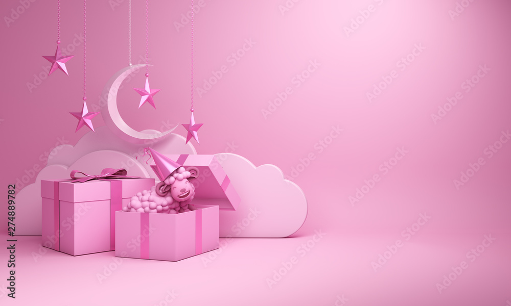 Pink pastel gift box, sheep, crescent moon, star on studio lighting background. 3D rendering illustration. - obrazy, fototapety, plakaty 