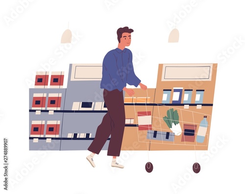 Funny young man with shopping cart buying food at grocery store. Cute boy walking along shelves with products at supermarket. Daily routine, everyday activity. Flat cartoon vector illustration.