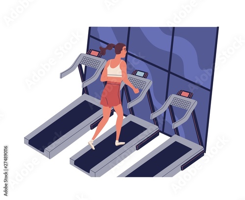 Young smiling woman running on treadmill at fitness center. Cute funny girl at daily morning jogging workout. Physical activity and everyday training. Flat cartoon colorful vector illustration.