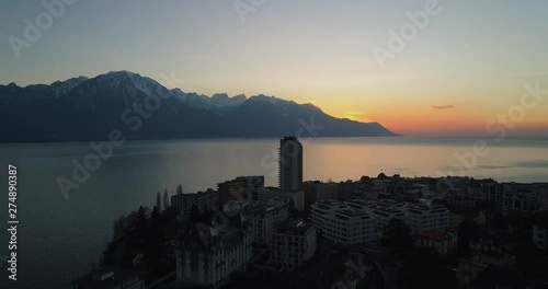 Drone shot of montreux during sunset photo