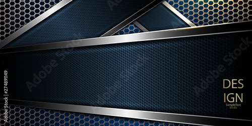 Abstract blue mesh dark background with textural frame and shiny edging