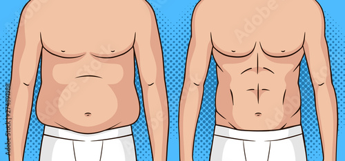 Color vector pop art style illustration of a man before and after weight loss. Flat stomach against the fat belly. Poster about healthy eating and lifestyle. Athletic male figure after weight loss