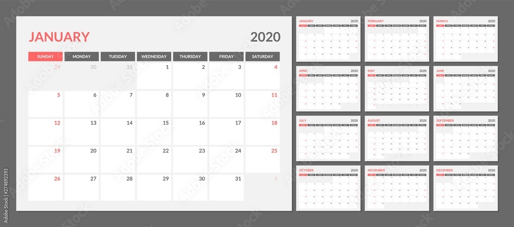 Calendar for 2020 year in clean minimal table simple style. Week Starts on Sunday. Set of 12 Months. Calendar for 2020 year in clean minimal table simple style. Week Starts on Sunday. Set of 12 Months.