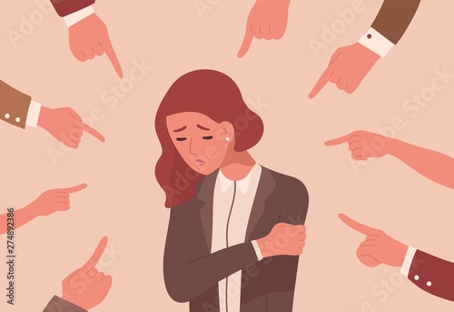 Unhappy young woman surrounded by hands with index fingers pointing at her. Concept of victim blaming, public disapproval, humiliation, abjection, guilt. Flat cartoon colorful vector illustration.