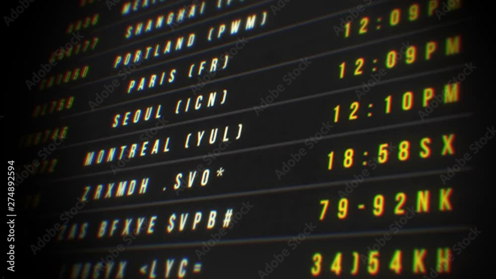 Airport Departure Board Loop/ 4k animation of an airport departure board with flight, destination, time and decoding text seamless looping